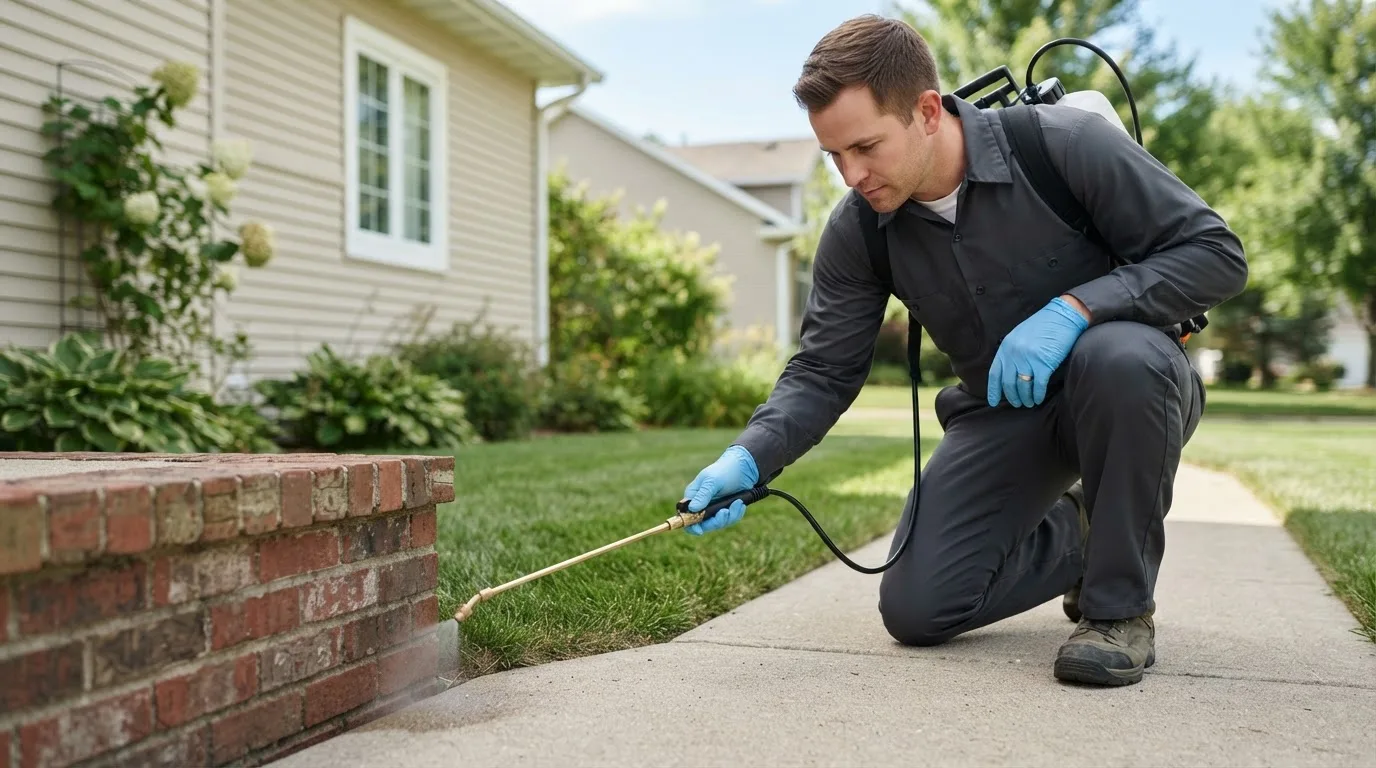 Pest control technician treating a home near Bayport, MN