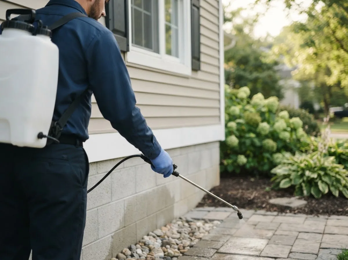Pest control technician inspecting a home in Bayport, MN